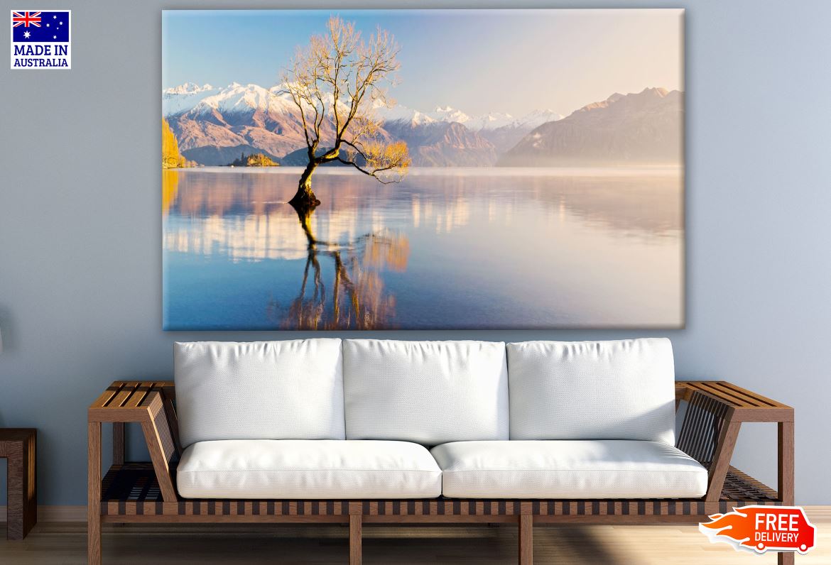 Tree in a Lake with Mountain View Print 100% Australian Made