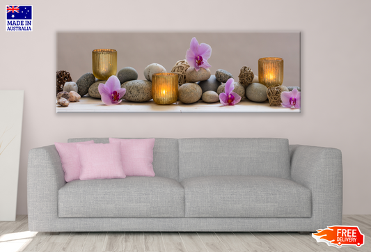 Panoramic Canvas Stones, Flowers & Candles High Quality 100% Australian made wall Canvas Print ready to hang
