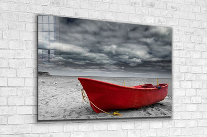 Boat on Seashore B&W Print Tempered Glass Wall Art 100% Made in Australia Ready to Hang