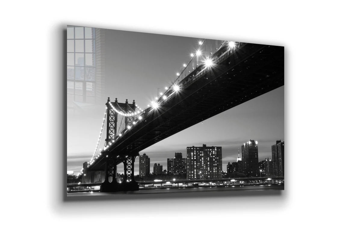 Bridge Night Lights B&W Print Tempered Glass Wall Art 100% Made in Australia Ready to Hang