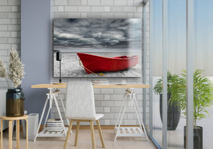 Boat on Seashore B&W Print Tempered Glass Wall Art 100% Made in Australia Ready to Hang