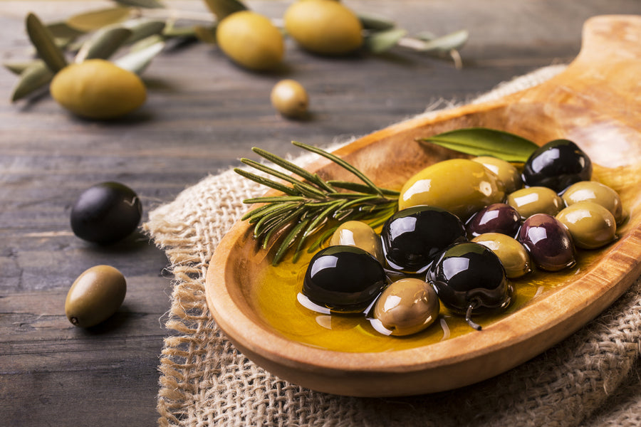 Rosemary Olives and Virgin Oil on the Wooden Table Print 100% Australian Made