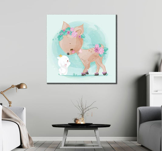 Square Canvas Cute Deer & Rabbit Painting High Quality Print 100% Australian Made