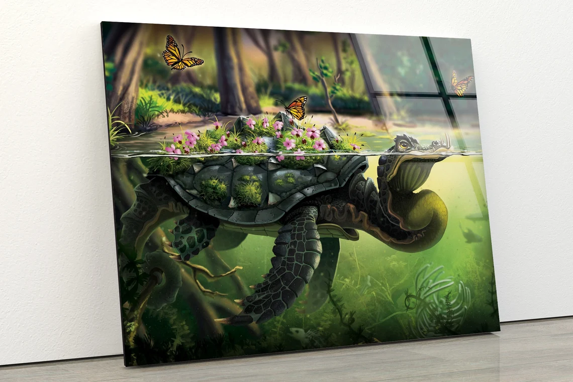 Flowers & Butterflies on Tortoise Digital Painting Acrylic Glass Print Tempered Glass Wall Art 100% Made in Australia Ready to Hang