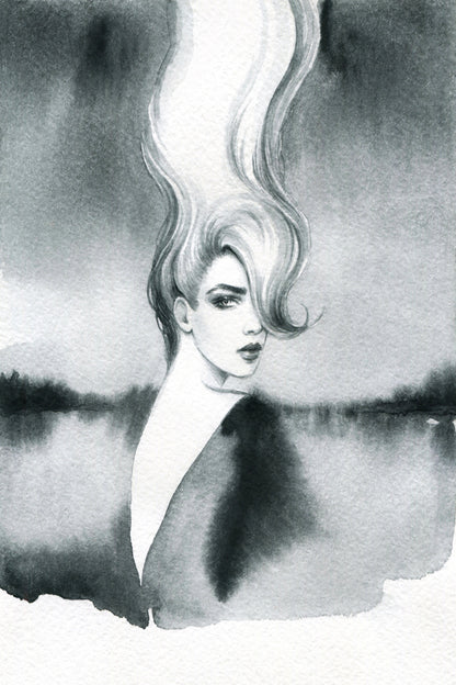 Fashion Woman with Long Hair B&W Watercolor Painting Print 100% Australian Made