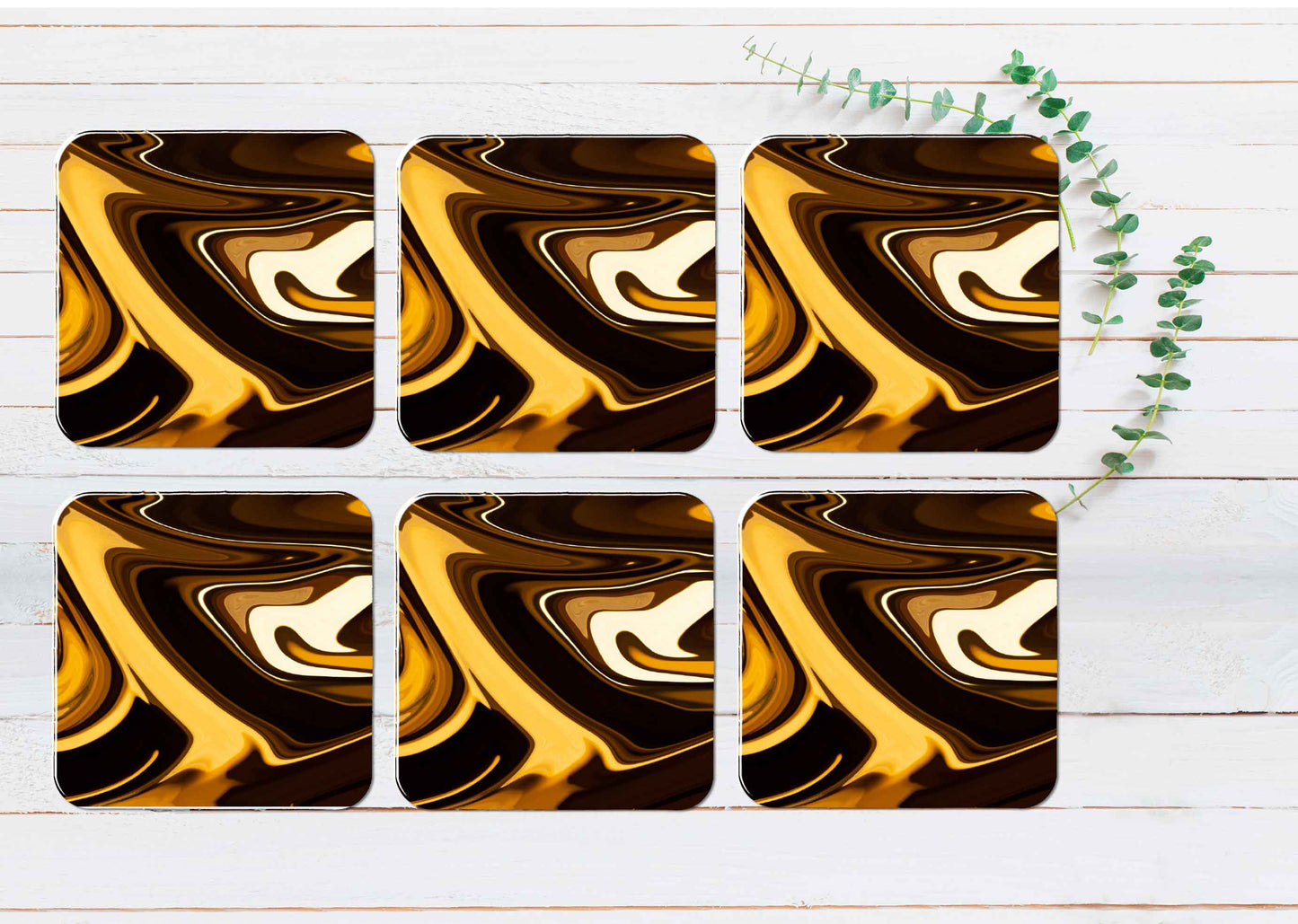 Yellow Brown Fluid Abstract Design Coasters Wood & Rubber - Set of 6 Coasters