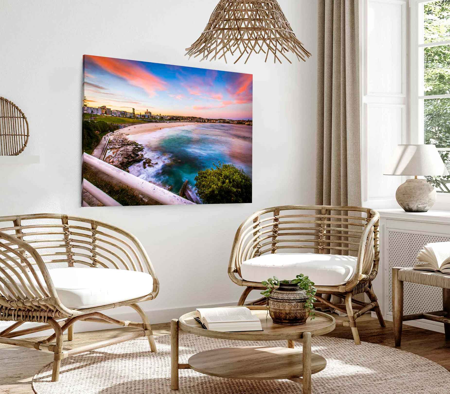 Bella Home Bondi Sea View & Pink Sky Print Canvas Ready to hang