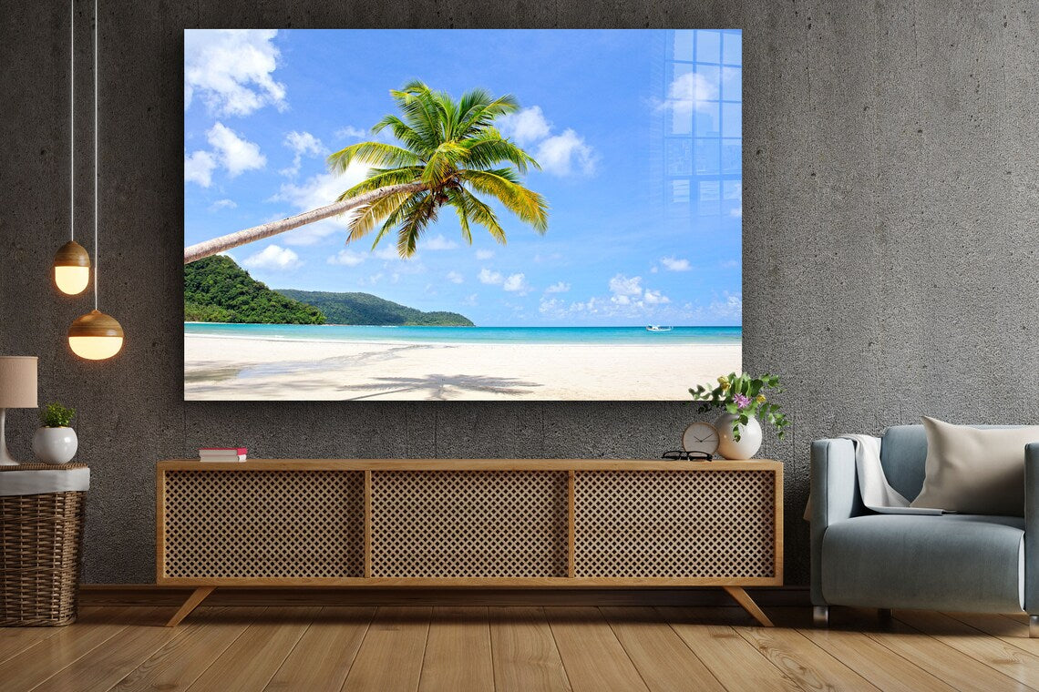 Palm Tree near Beach Print Tempered Glass Wall Art 100% Made in Australia Ready to Hang