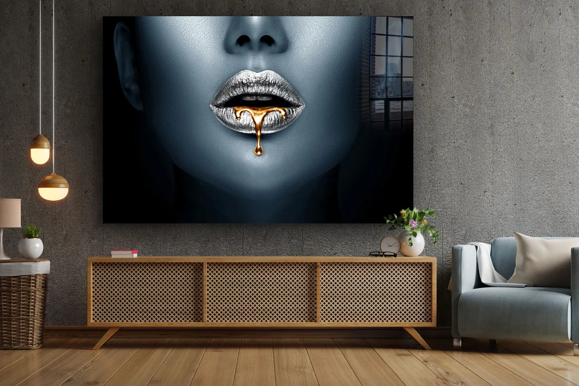 Woman Gold Silver Lips Print Tempered Glass Wall Art 100% Made in Australia Ready to Hang