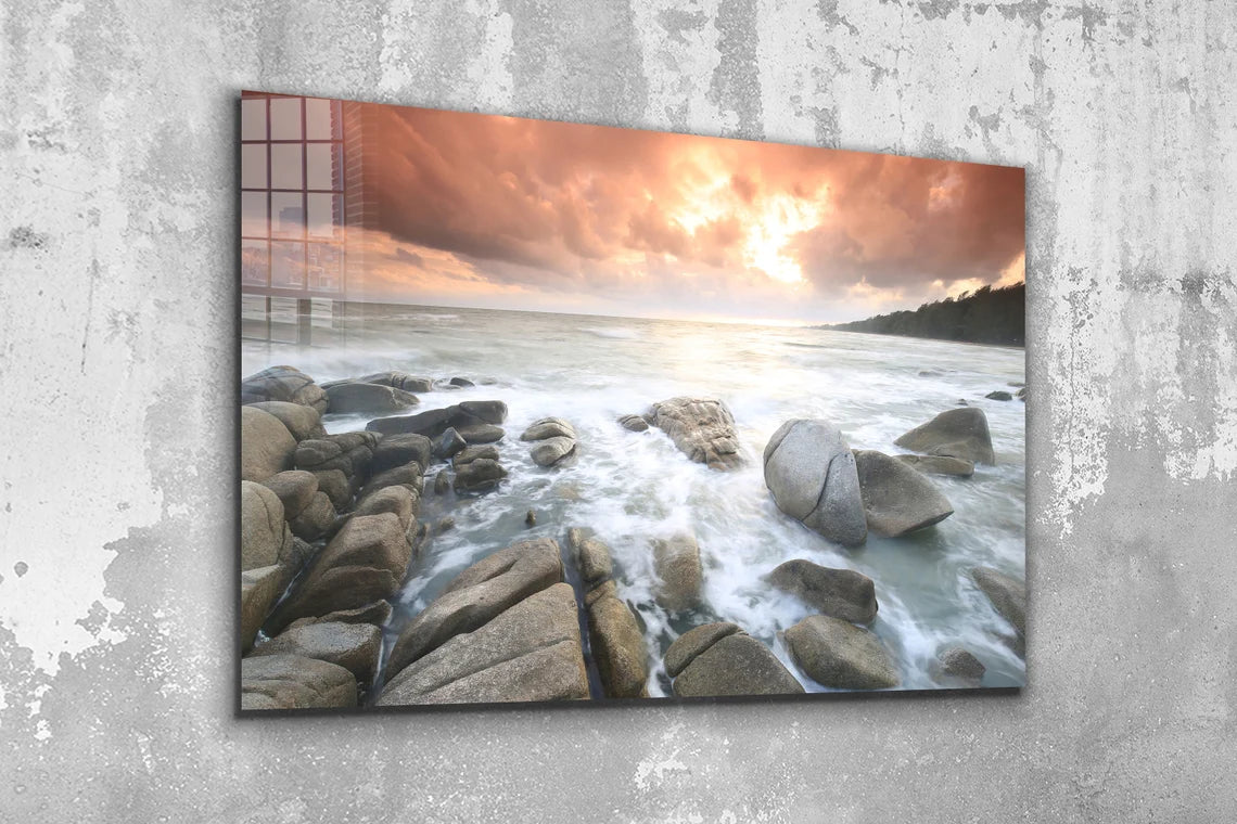 Rocky Sea Ocean Sunset Print Tempered Glass Wall Art 100% Made in Australia Ready to Hang