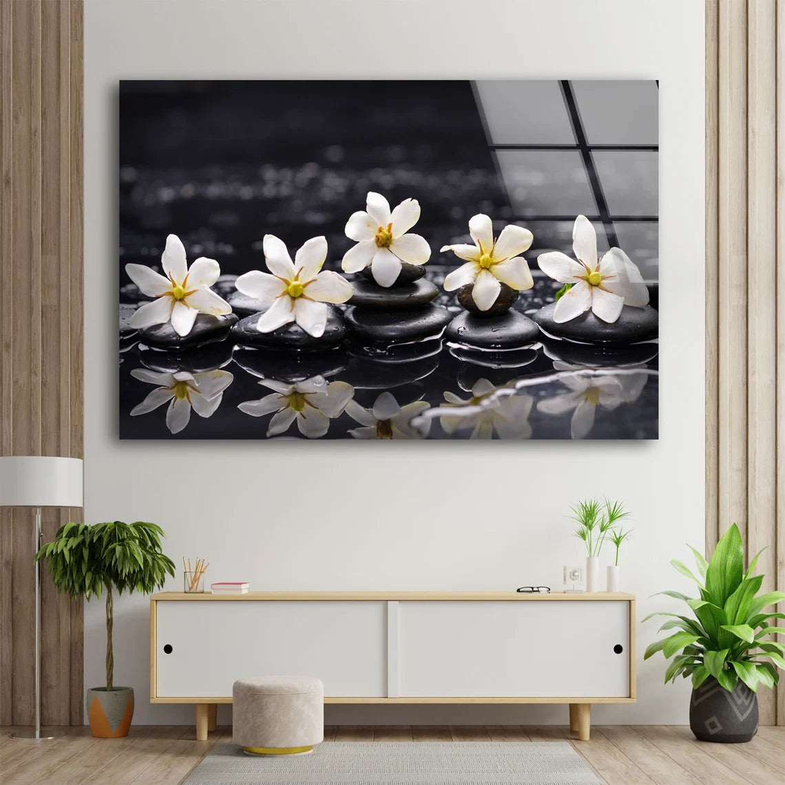 White Flowers & Zen Stones Photograph Acrylic Glass Print Tempered Glass Wall Art 100% Made in Australia Ready to Hang