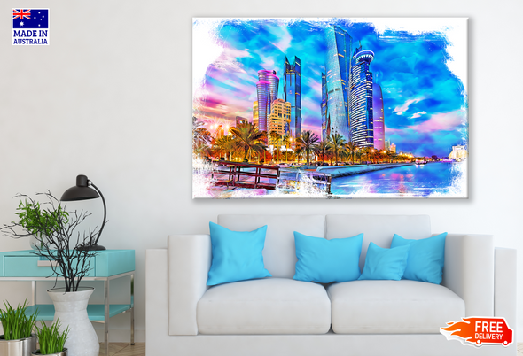 Abstract City with Palm Trees & River Print 100% Australian Made