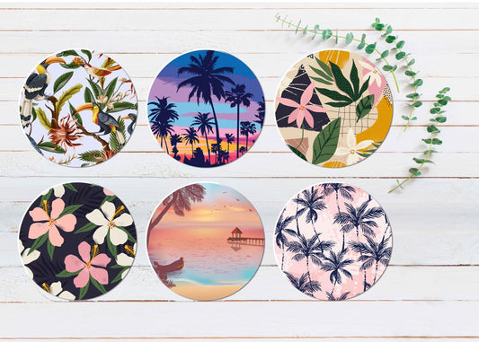 Vector Flowers & Leaves with Birds Coasters Wood & Rubber - Set of 6 Coasters