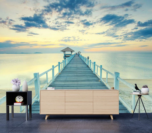 Wallpaper Murals Peel and Stick Removable Wooden Bridge Over Beach Photograph High Quality