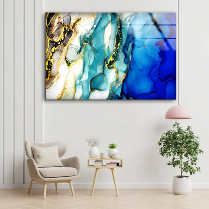 Blue Gold & White Abstract Design Acrylic Glass Print Tempered Glass Wall Art 100% Made in Australia Ready to Hang