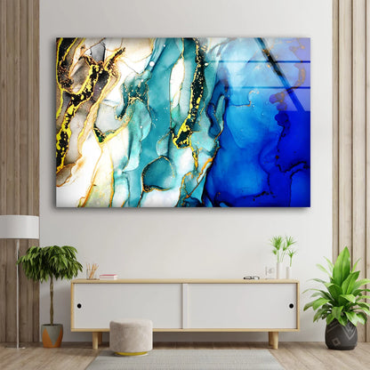 Blue Gold & White Abstract Design Acrylic Glass Print Tempered Glass Wall Art 100% Made in Australia Ready to Hang