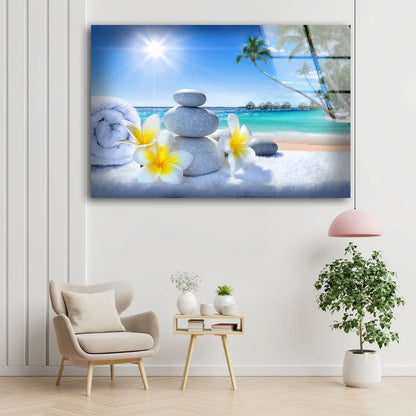 Flowers Towels & Zen Stones Near Sea Photograph Acrylic Glass Print Tempered Glass Wall Art 100% Made in Australia Ready to Hang