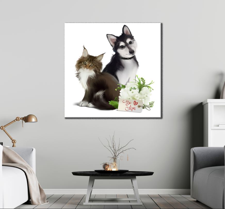 Square Canvas Cat & Dog Painting High Quality Print 100% Australian Made