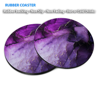 Black Purple Gold Lines Marble Design Coasters Wood & Rubber - Set of 6 Coasters