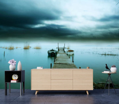 Wallpaper Murals Peel and Stick Removable Wooden Pier Over Lake High Quality