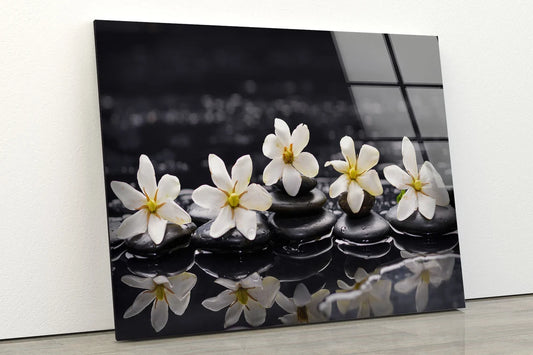 White Flowers & Zen Stones Photograph Acrylic Glass Print Tempered Glass Wall Art 100% Made in Australia Ready to Hang