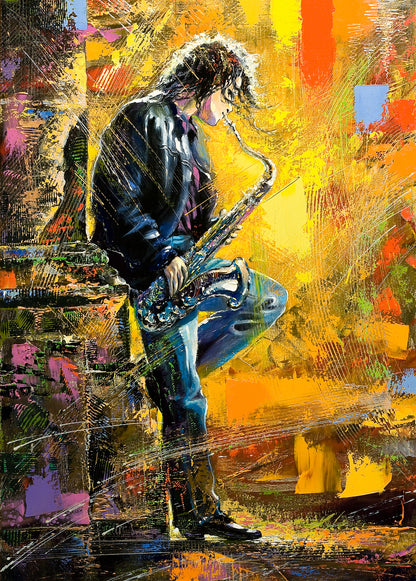 Man Playing Saxophone in Street Abstract Watercolor Painting Print 100% Australian Made