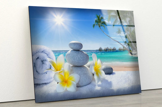 Flowers Towels & Zen Stones Near Sea Photograph Acrylic Glass Print Tempered Glass Wall Art 100% Made in Australia Ready to Hang
