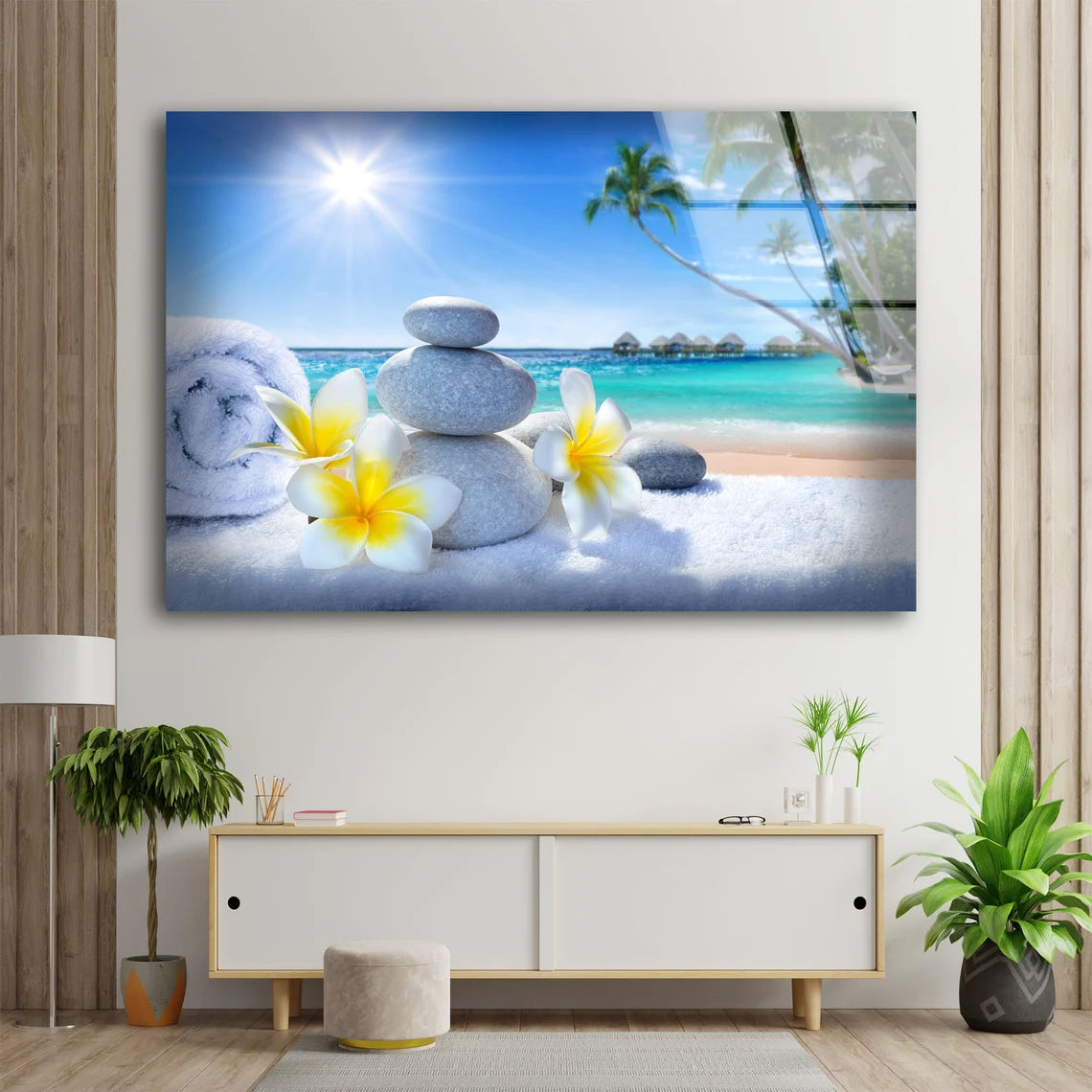 Flowers Towels & Zen Stones Near Sea Photograph Acrylic Glass Print Tempered Glass Wall Art 100% Made in Australia Ready to Hang