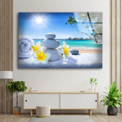 Flowers Towels & Zen Stones Near Sea Photograph Acrylic Glass Print Tempered Glass Wall Art 100% Made in Australia Ready to Hang