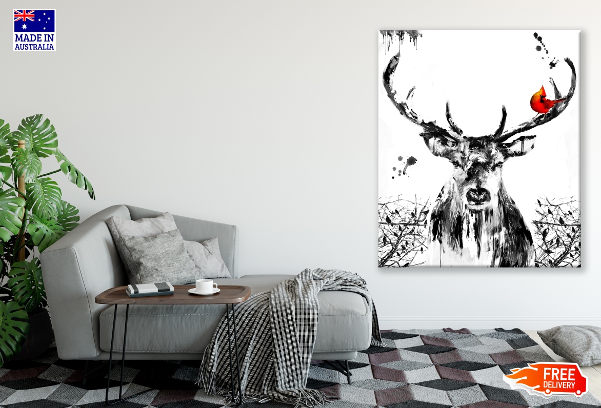 Deer Portrait B&W Red Bird Painting Print 100% Australian Made