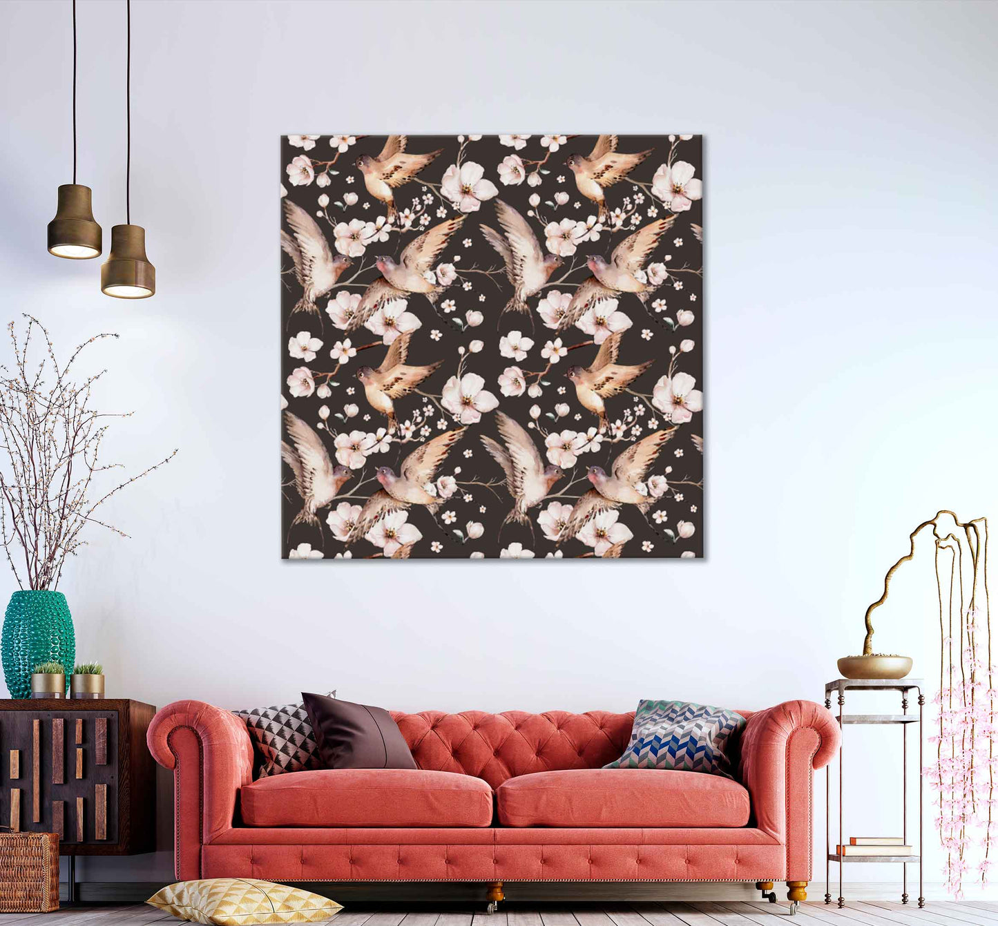 Square Canvas Blossom Flowers & Birds Design High Quality Print 100% Australian Made