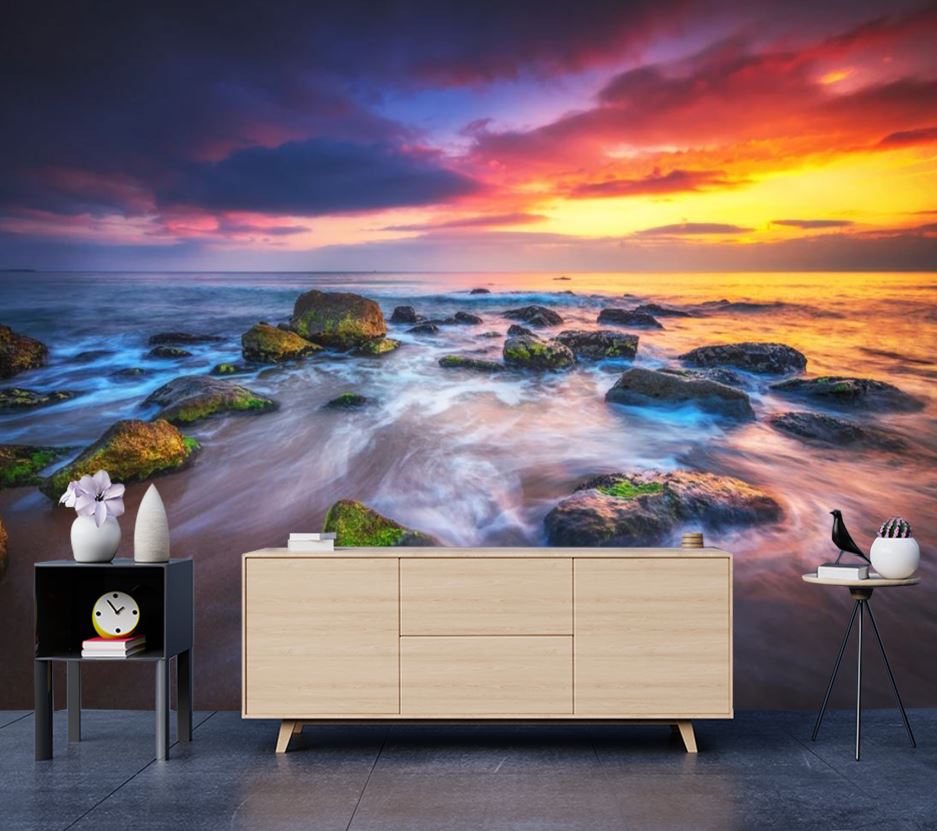 Wallpaper Murals Peel and Stick Removable Beach with Rocks in Sunset High Quality