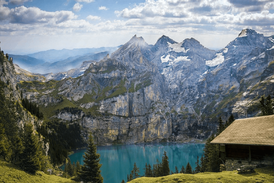 Trees Oeschinen Lake Photograph in Switzerland Print 100% Australian Made