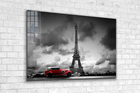 Eiffel Tower Red Car Print Tempered Glass Wall Art 100% Made in Australia Ready to Hang