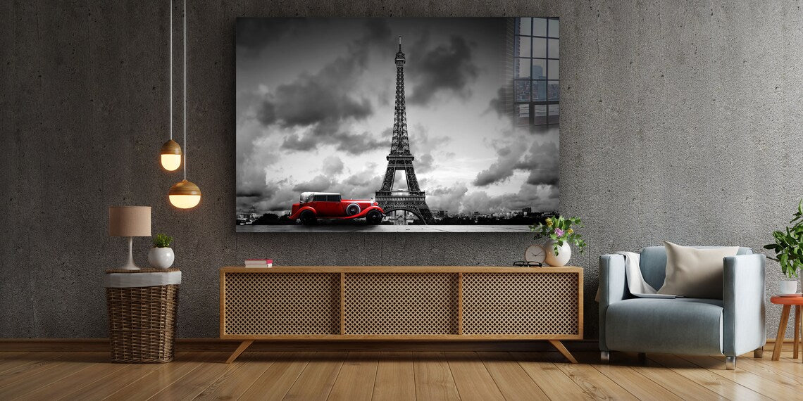 Eiffel Tower Red Car Print Tempered Glass Wall Art 100% Made in Australia Ready to Hang