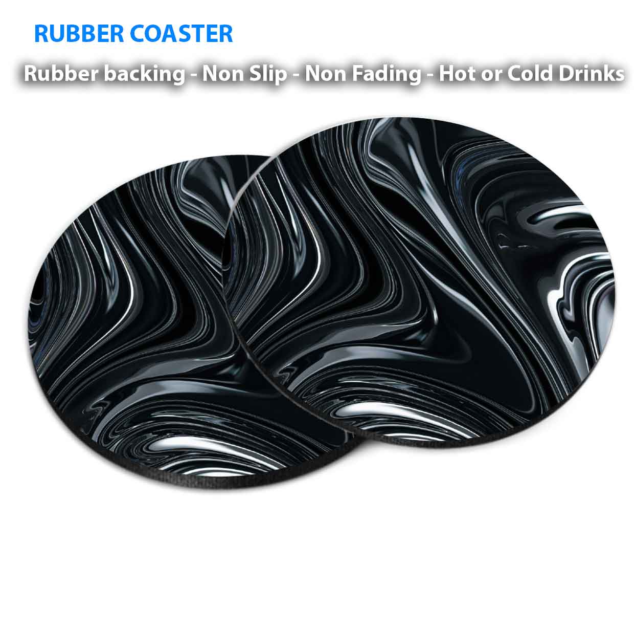 Black Grey Fluid Abstract Design Coasters Wood & Rubber - Set of 6 Coasters