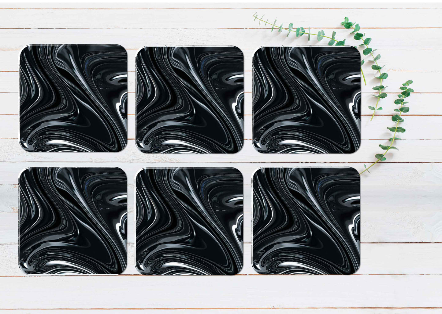 Black Grey Fluid Abstract Design Coasters Wood & Rubber - Set of 6 Coasters