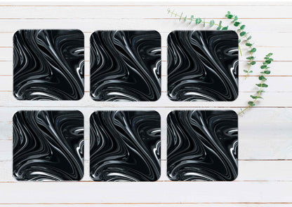 Black Grey Fluid Abstract Design Coasters Wood & Rubber - Set of 6 Coasters