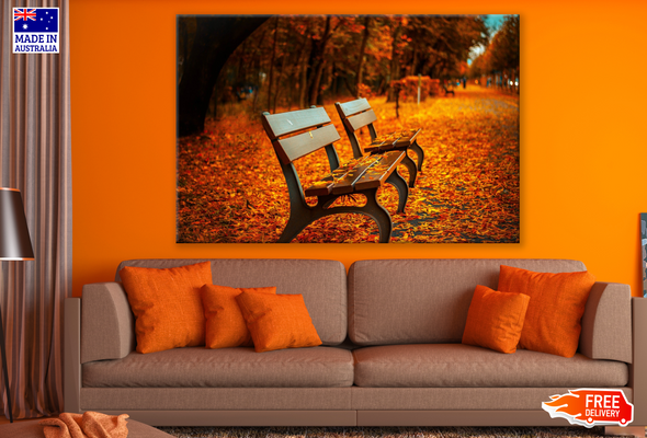 Autumn Leaves on ground & Bench with treesBackground Print 100% Australian Made