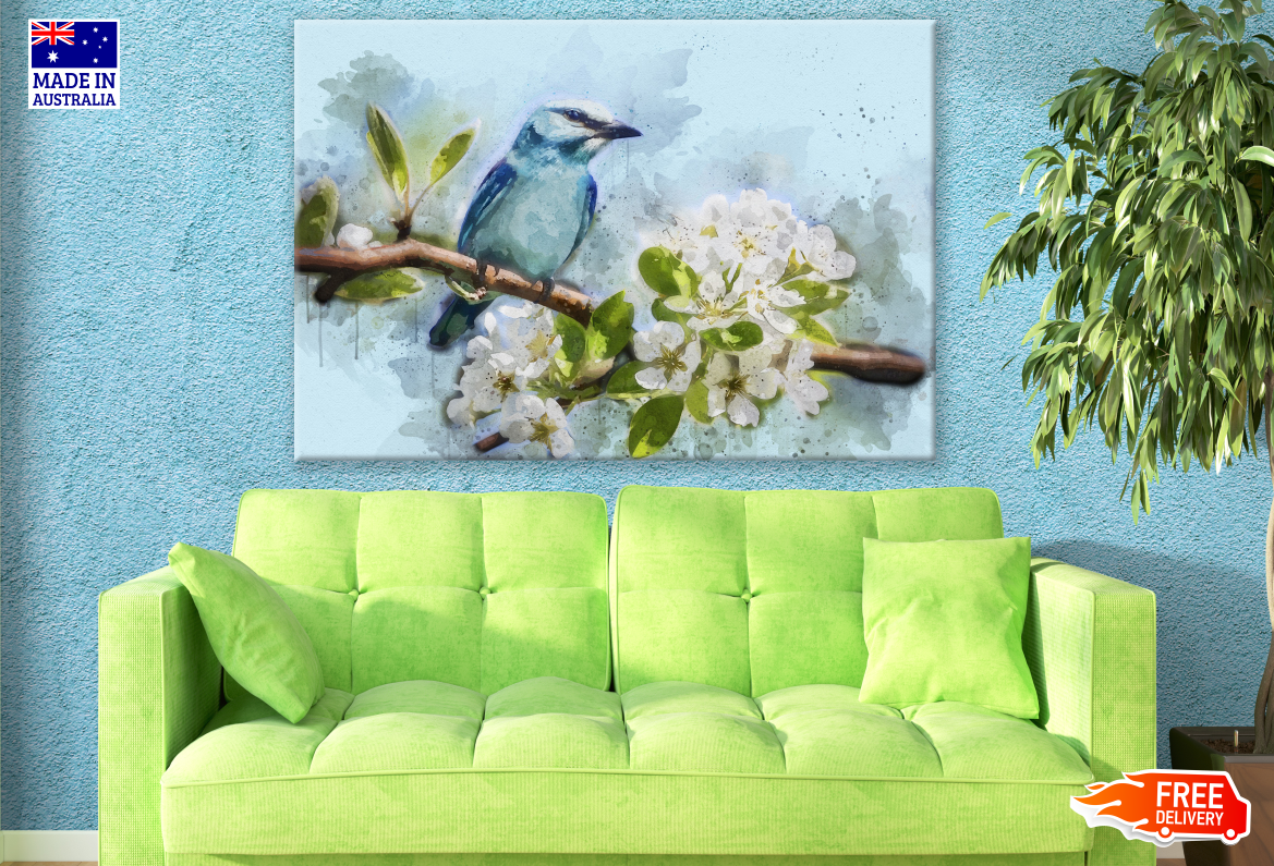 Blue Bird Sitting on a branch with White Flowers Painting Print 100% Australian Made