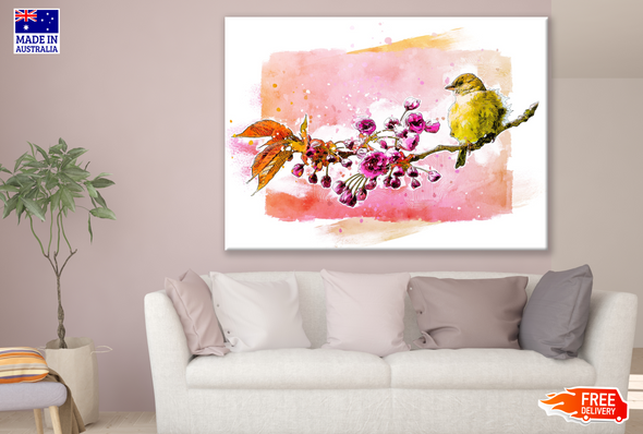 Robin Bird Sitting on a Branch with Flowers Painting Print 100% Australian Made