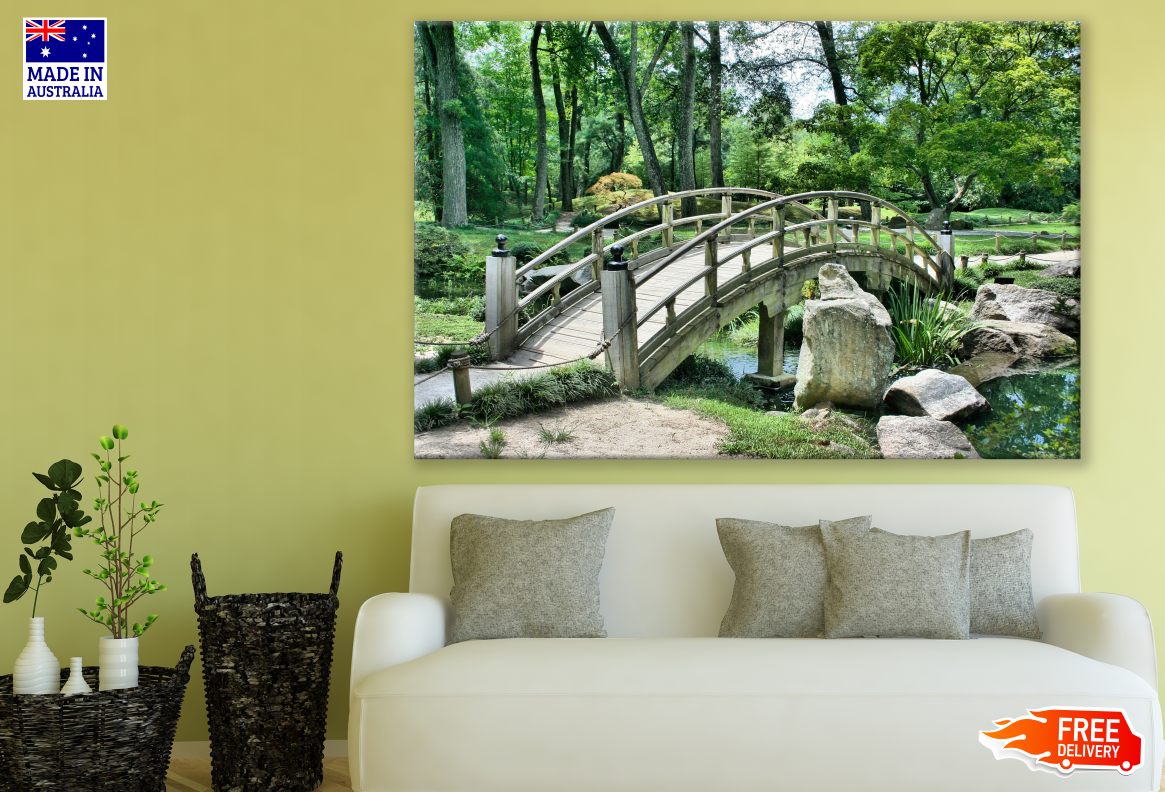 Curvy Bridge on a water Stream with Forest Background Print 100% Australian Made