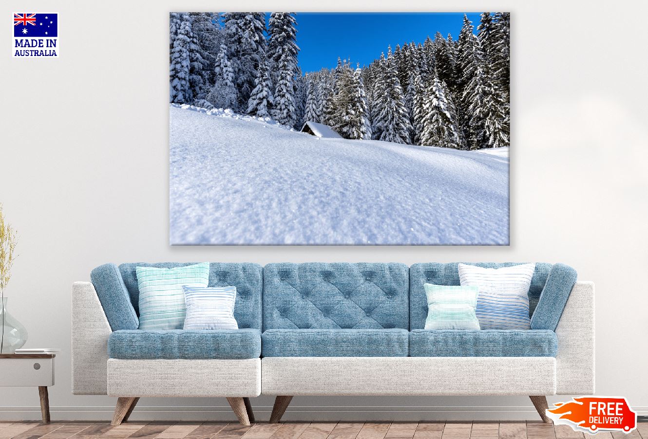 Snow Covered Tree Trunks in Winter Forest Photograph Print 100% Australian Made