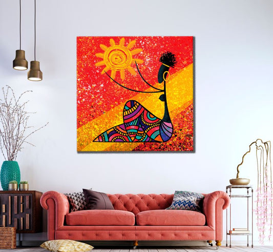 Square Canvas Ancient Woman & Sun Abstract Art High Quality Print 100% Australian Made