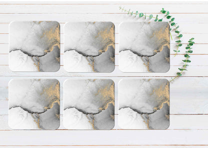 Silver Gold Splash Marble Abstract Coasters Wood & Rubber - Set of 6 Coasters