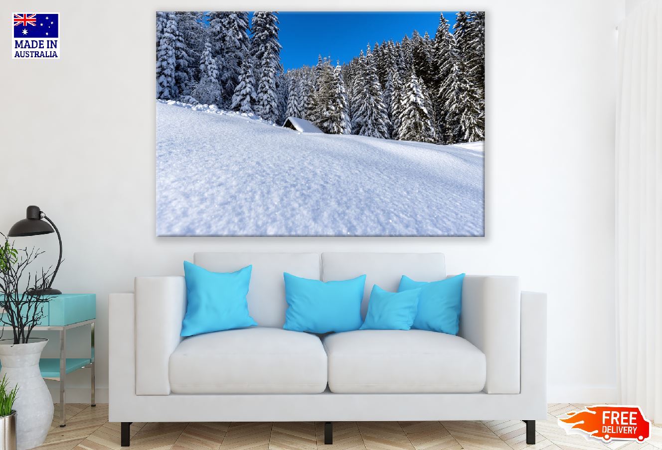 Snow Covered Tree Trunks in Winter Forest Photograph Print 100% Australian Made