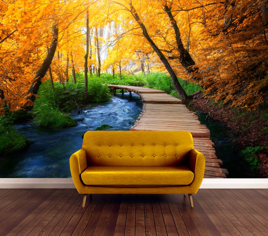 Wallpaper Murals Peel and Stick Removable Wooden Pier Between Colourful Forest High Quality