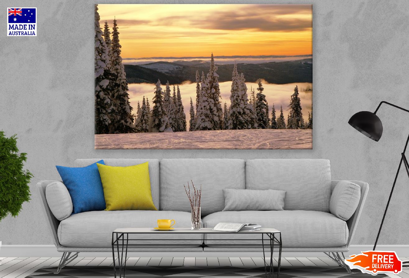 Snow Covered Trees & Mountain Sunset Photograph Print 100% Australian Made