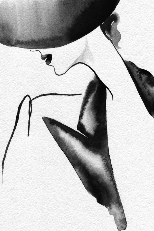 Woman with Hat B&W Watercolor Painting Print 100% Australian Made