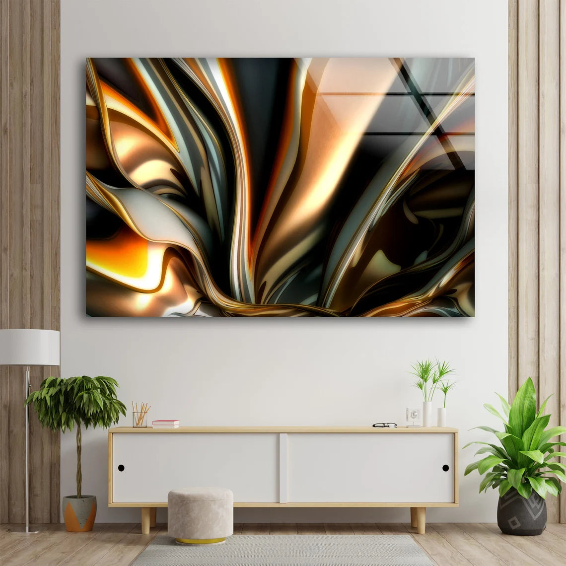 Gold & Brown Abstract Fractal Liquid 3D Design Acrylic Glass Print Tempered Glass Wall Art 100% Made in Australia Ready to Hang